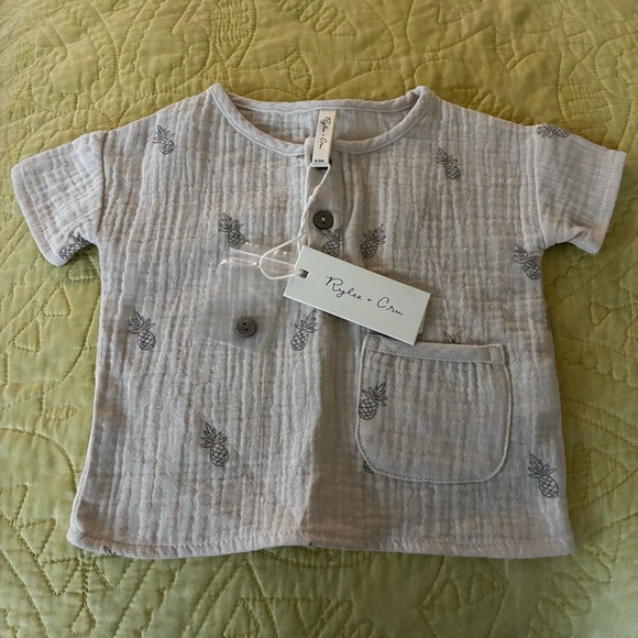 Rylee + Cru tan beige woven Henley pineapple pin Shirt 0-3 mos newborn - Picture 1 of 4